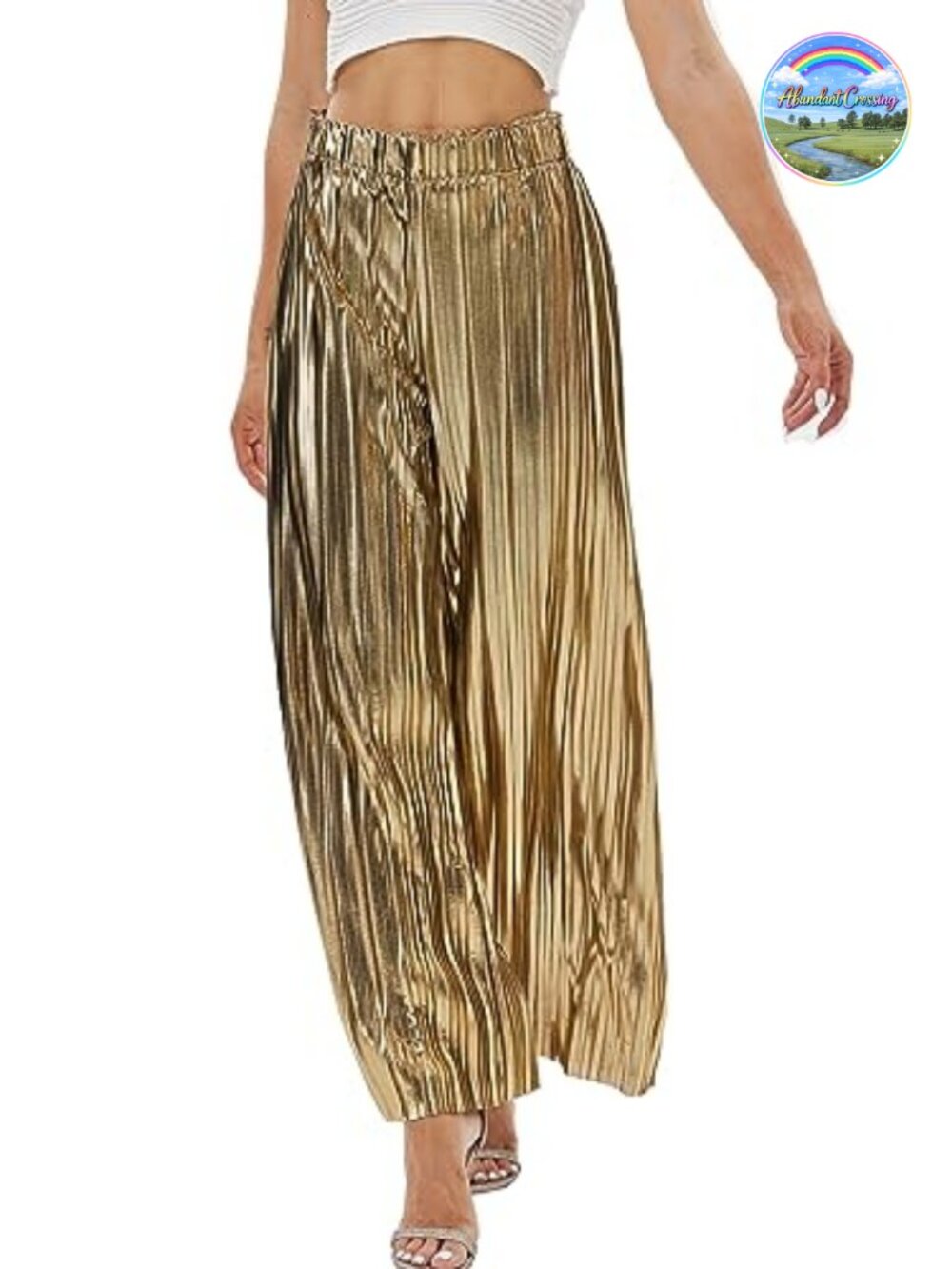 Women's Metallic Wide Leg Palazzo Pants High Rise Elastic Waist Pull On Party